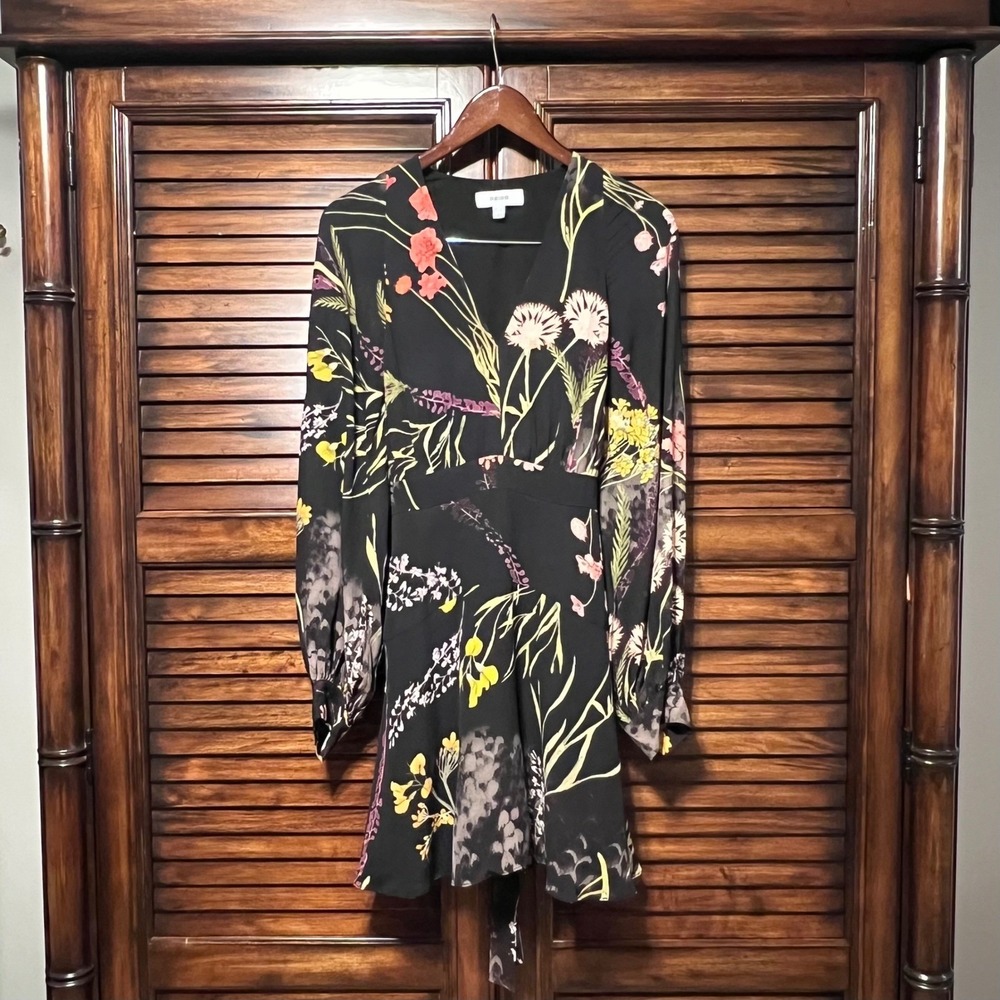 Reiss Keira Black Multicolor Floral Long Sleeve V-Neck Chiffon Mini Dress Size 4